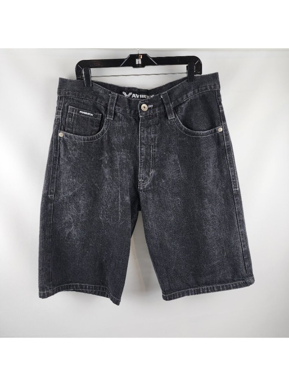 Avirex Shorts VTG Black Men 38 Embroidered Y2K Streetwear Wide Leg Baggy Jeans